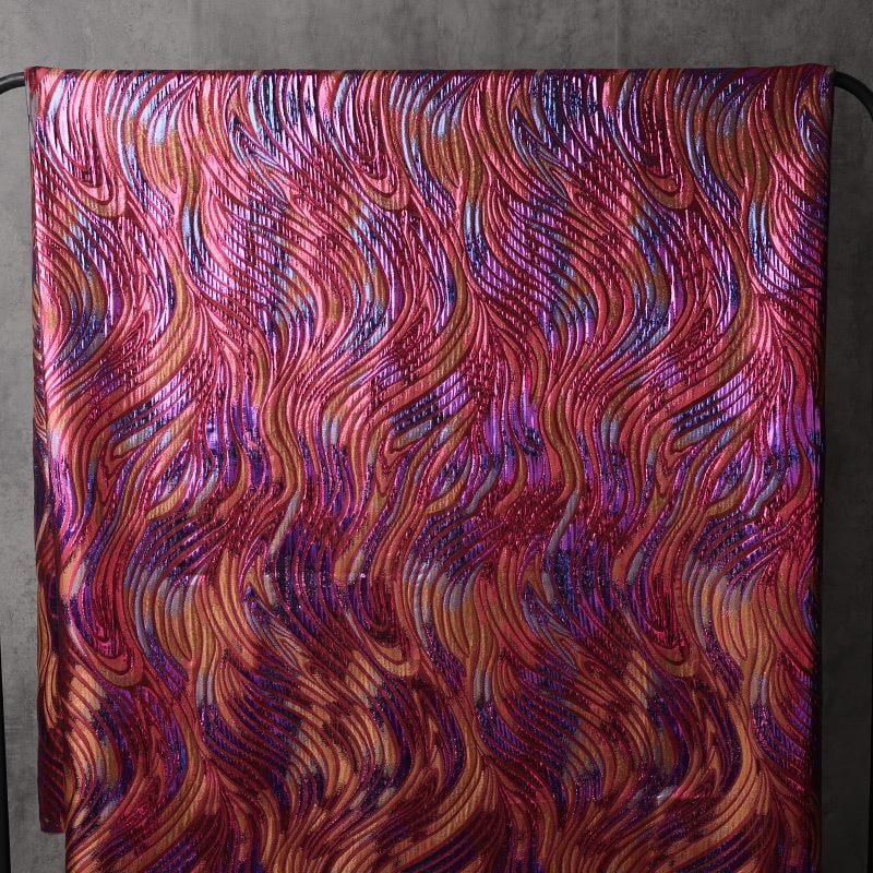 Multicolor Metallic Jacquard Fabric, Raised Wave Feather Pattern, Red Blue Gold Formal Dress, Jacket, Costume & Decor Fabric, 56"Wide