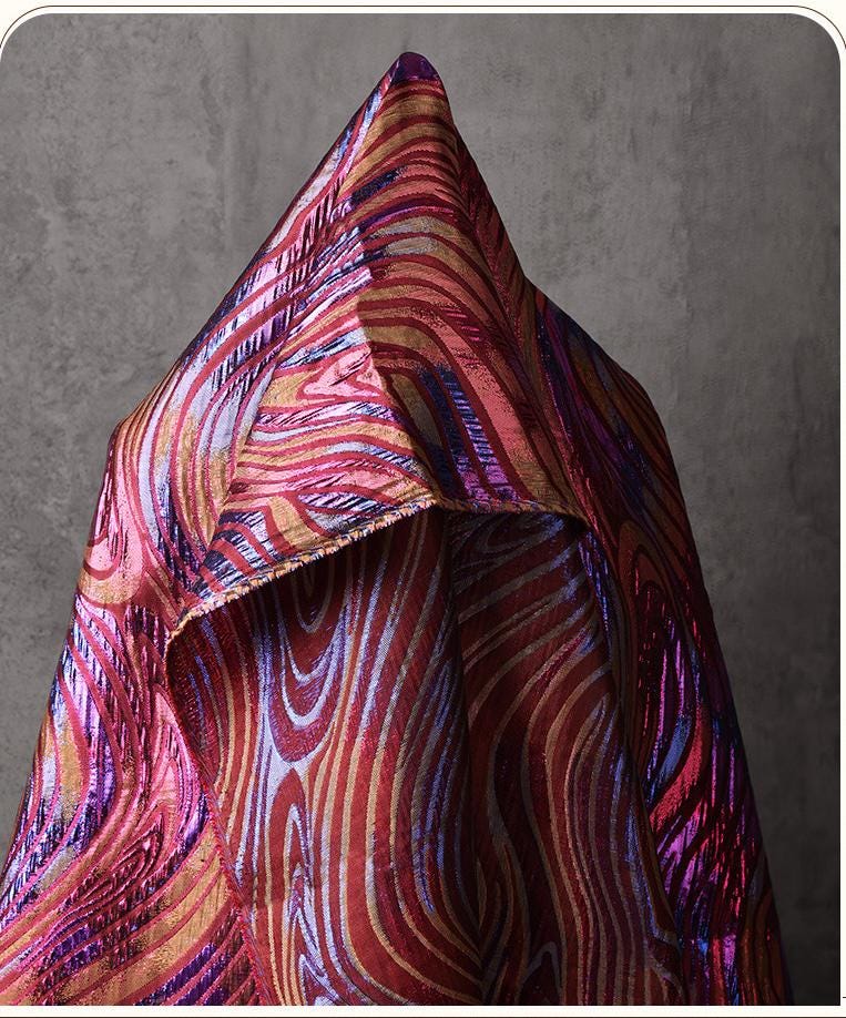 Multicolor Metallic Jacquard Fabric, Raised Wave Feather Pattern, Red Blue Gold Formal Dress, Jacket, Costume & Decor Fabric, 56"Wide