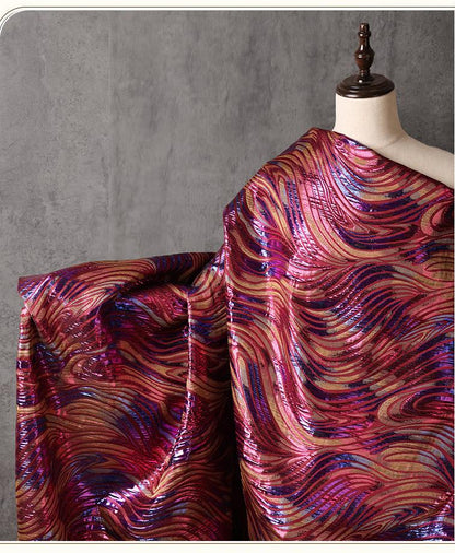Multicolor Metallic Jacquard Fabric, Raised Wave Feather Pattern, Red Blue Gold Formal Dress, Jacket, Costume & Decor Fabric, 56"Wide