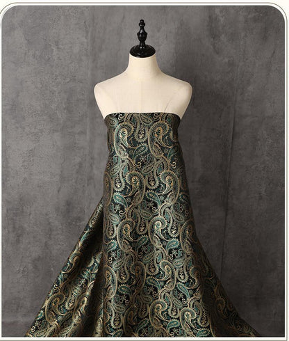 Two-Tone Paisley Jacquard Fabric, Dark Green Gold Yarn-Dyed Woven Fabric for Jacket, Vest, Dress, Costume and Decor, 59"Wide