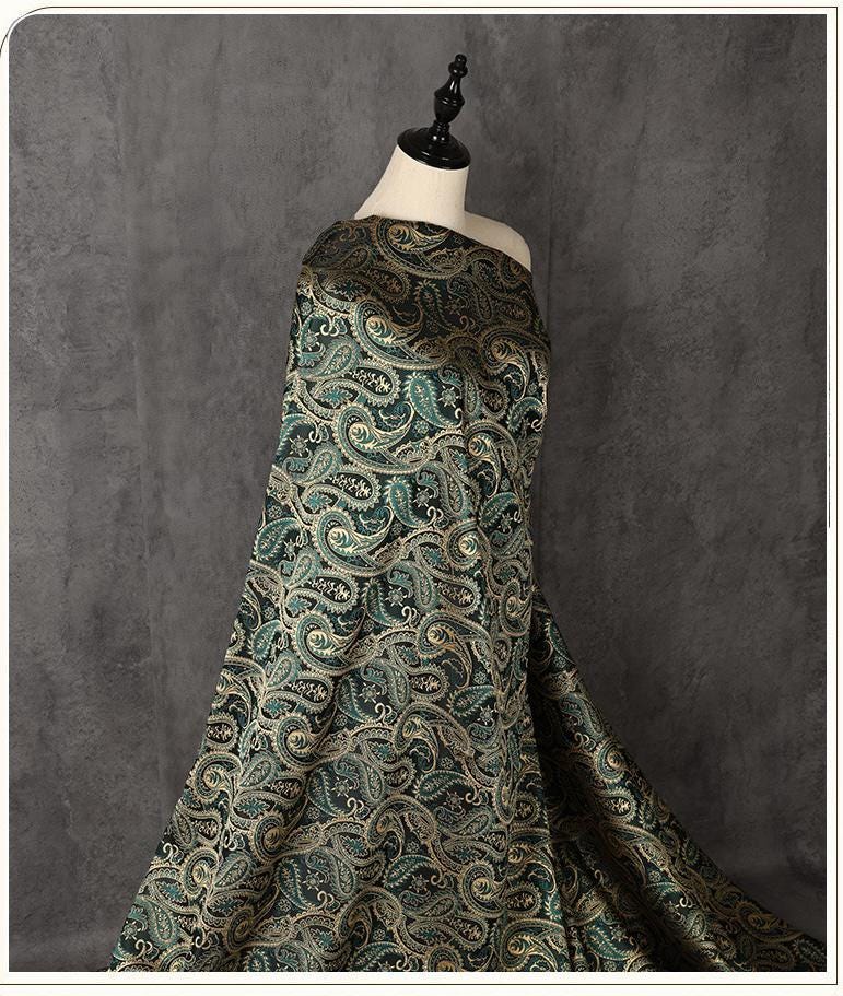 Two-Tone Paisley Jacquard Fabric, Dark Green Gold Yarn-Dyed Woven Fabric for Jacket, Vest, Dress, Costume and Decor, 59"Wide