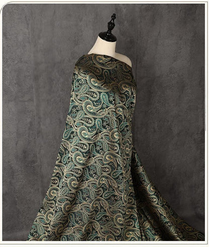 Two-Tone Paisley Jacquard Fabric, Dark Green Gold Yarn-Dyed Woven Fabric for Jacket, Vest, Dress, Costume and Decor, 59"Wide