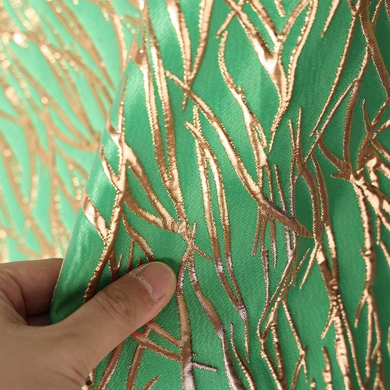 Green Metallic Jacquard Fabric, Raised Gold Line Texture, Abstract Branch Stripe Brocade for Dress, Jacket, Costume & Decor, 57"Wide