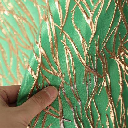 Green Metallic Jacquard Fabric, Raised Gold Line Texture, Abstract Branch Stripe Brocade for Dress, Jacket, Costume & Decor, 57"Wide