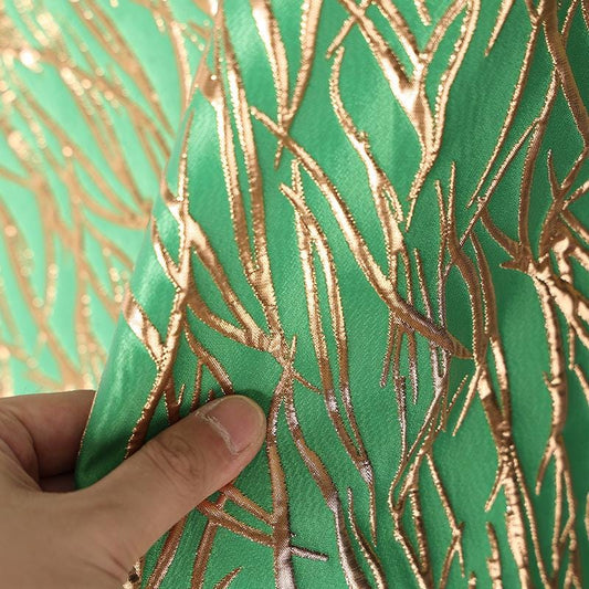 Green Metallic Jacquard Fabric, Raised Gold Line Texture, Abstract Branch Stripe Brocade for Dress, Jacket, Costume & Decor, 57"Wide