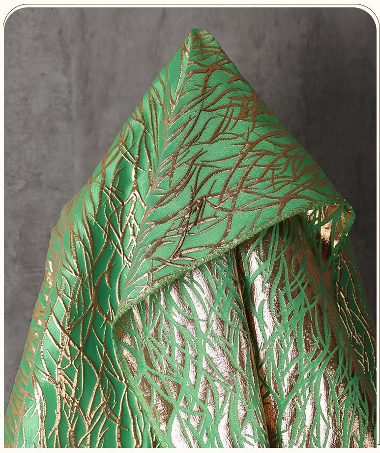 Green Metallic Jacquard Fabric, Raised Gold Line Texture, Abstract Branch Stripe Brocade for Dress, Jacket, Costume & Decor, 57"Wide