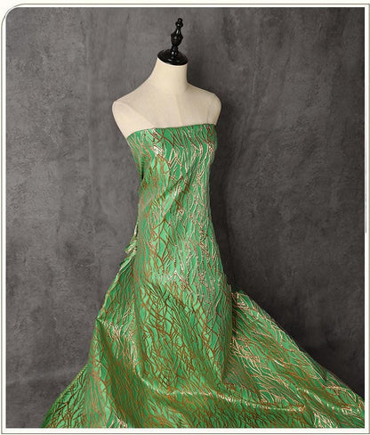 Green Metallic Jacquard Fabric, Raised Gold Line Texture, Abstract Branch Stripe Brocade for Dress, Jacket, Costume & Decor, 57"Wide