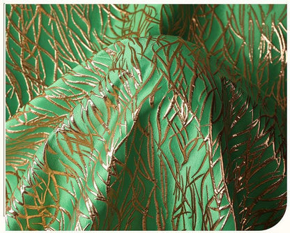 Green Metallic Jacquard Fabric, Raised Gold Line Texture, Abstract Branch Stripe Brocade for Dress, Jacket, Costume & Decor, 57"Wide