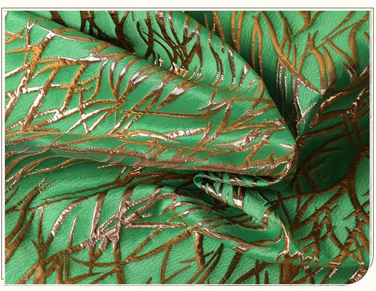 Green Metallic Jacquard Fabric, Raised Gold Line Texture, Abstract Branch Stripe Brocade for Dress, Jacket, Costume & Decor, 57"Wide
