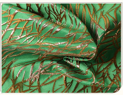 Green Metallic Jacquard Fabric, Raised Gold Line Texture, Abstract Branch Stripe Brocade for Dress, Jacket, Costume & Decor, 57"Wide