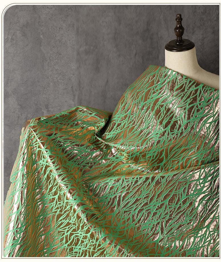 Green Metallic Jacquard Fabric, Raised Gold Line Texture, Abstract Branch Stripe Brocade for Dress, Jacket, Costume & Decor, 57"Wide