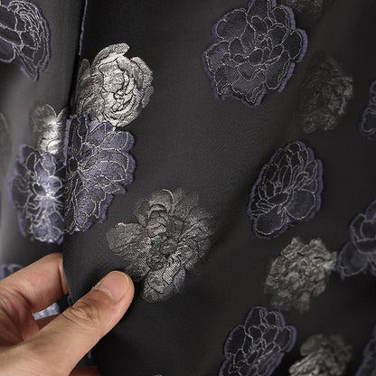 Two-Tone Peony Clipped Jacquard Fabric, Black Silver Blue Yarn-Dyed Woven Fabric for Dress, Jacket, Qipao & Decor, 66"Wide