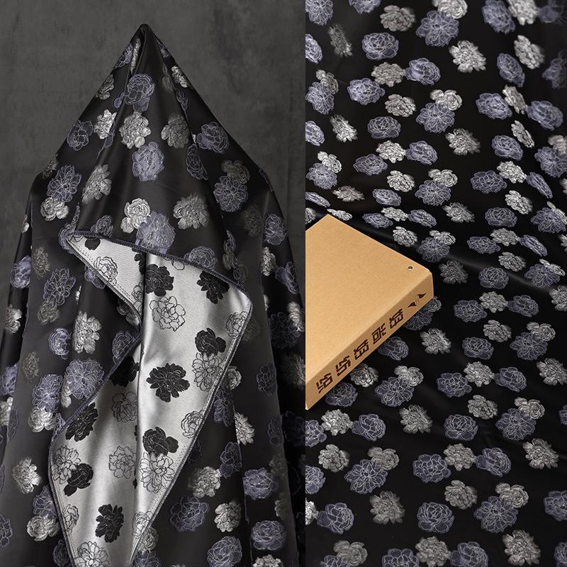 Two-Tone Peony Clipped Jacquard Fabric, Black Silver Blue Yarn-Dyed Woven Fabric for Dress, Jacket, Qipao & Decor, 66"Wide