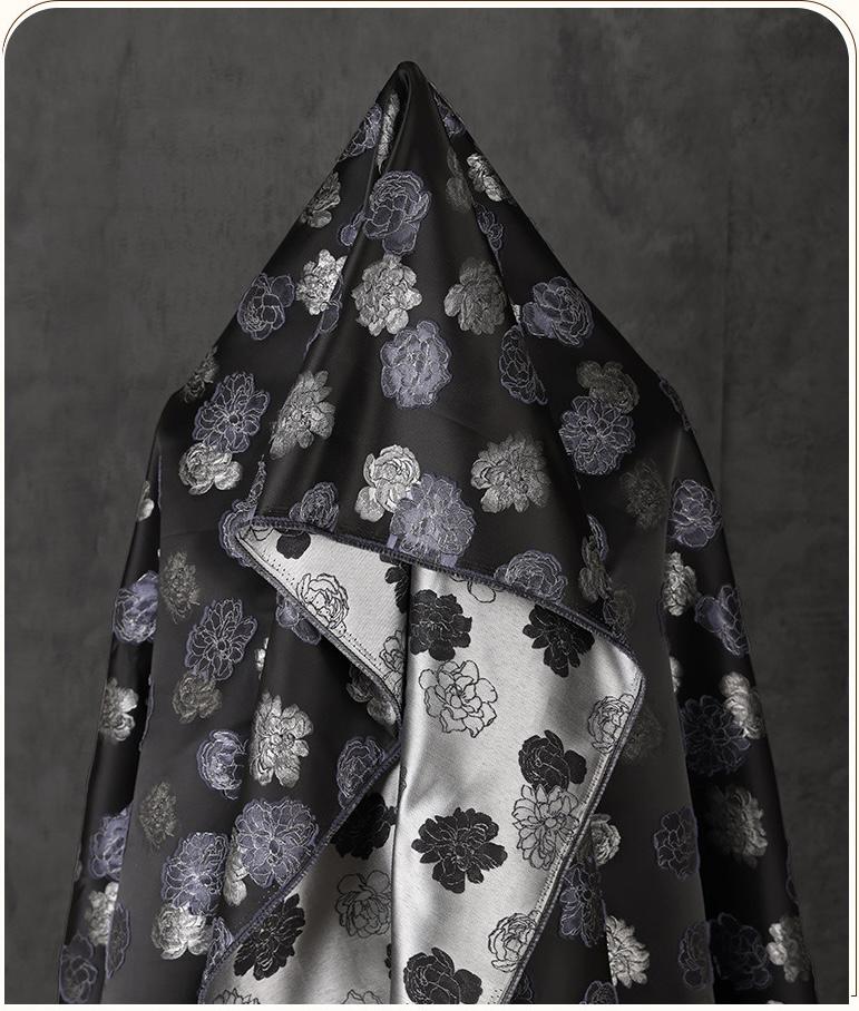 Two-Tone Peony Clipped Jacquard Fabric, Black Silver Blue Yarn-Dyed Woven Fabric for Dress, Jacket, Qipao & Decor, 66"Wide