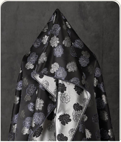 Two-Tone Peony Clipped Jacquard Fabric, Black Silver Blue Yarn-Dyed Woven Fabric for Dress, Jacket, Qipao & Decor, 66"Wide