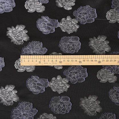 Two-Tone Peony Clipped Jacquard Fabric, Black Silver Blue Yarn-Dyed Woven Fabric for Dress, Jacket, Qipao & Decor, 66"Wide