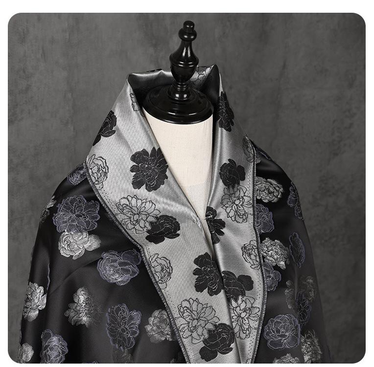 Two-Tone Peony Clipped Jacquard Fabric, Black Silver Blue Yarn-Dyed Woven Fabric for Dress, Jacket, Qipao & Decor, 66"Wide