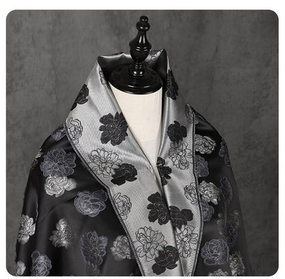 Two-Tone Peony Clipped Jacquard Fabric, Black Silver Blue Yarn-Dyed Woven Fabric for Dress, Jacket, Qipao & Decor, 66"Wide