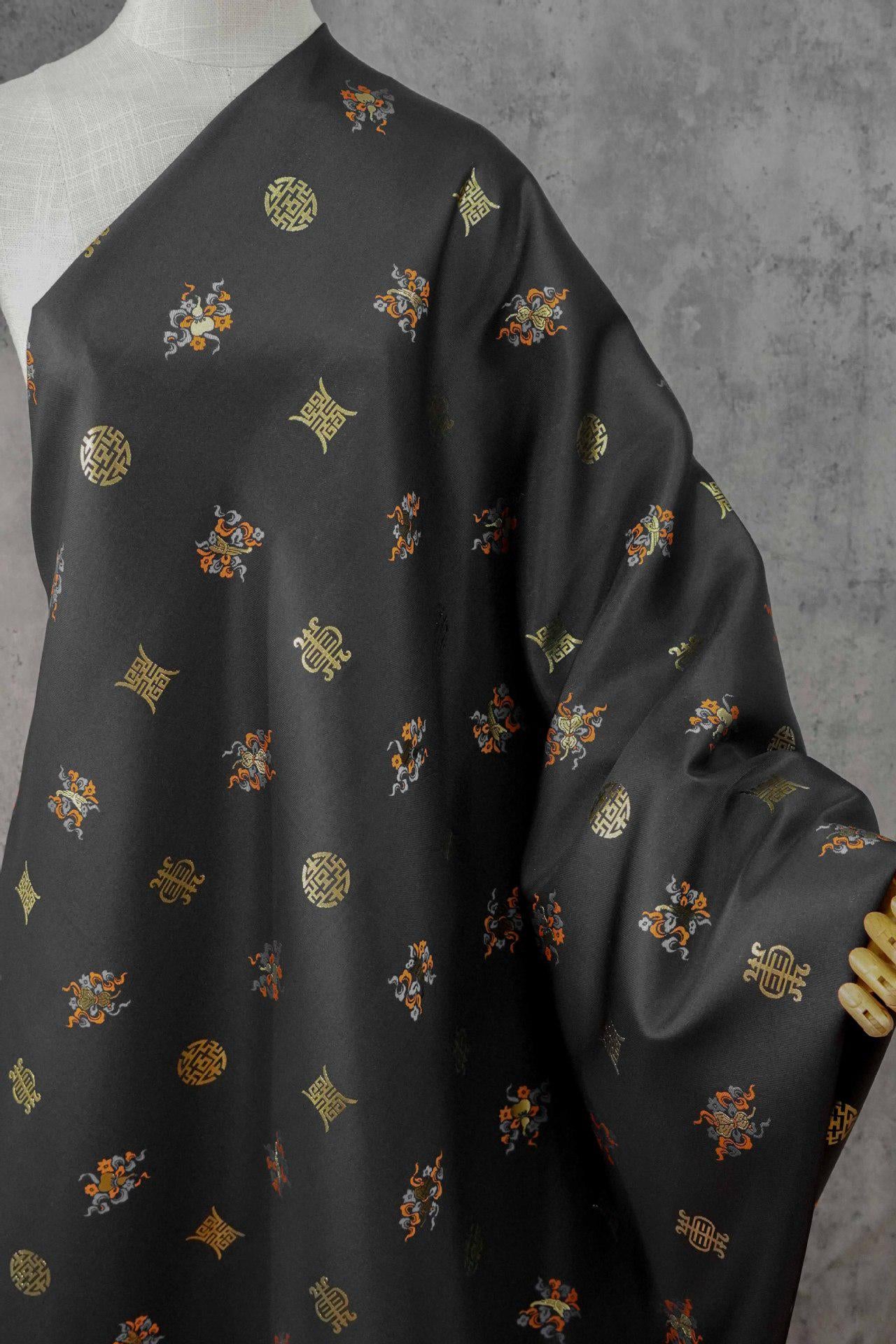 Chinese Song Brocade Fabric, Wufu Longevity Gold Thread Jacquard Textile, Traditional Pattern Fabric for Clothing and Decor
