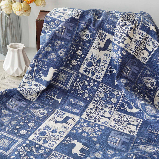 Blue White Medieval Tapestry Jacquard Fabric, Woven Animal & Tree of Life Design, William Morris Style Upholstery Fabric by the Yard