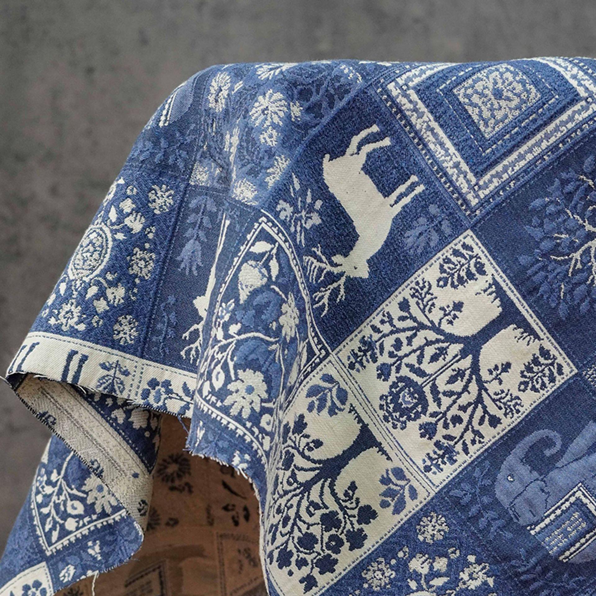Blue White Medieval Tapestry Jacquard Fabric, Woven Animal & Tree of Life Design, William Morris Style Upholstery Fabric by the Yard
