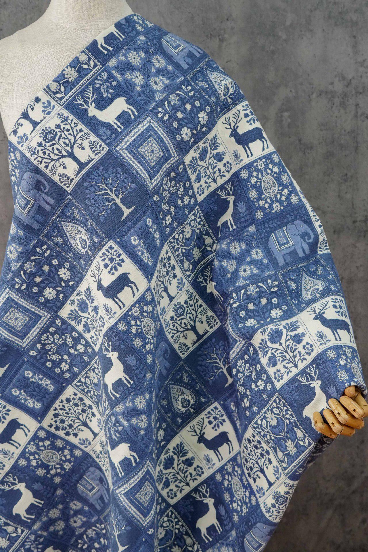 Blue White Medieval Tapestry Jacquard Fabric, Woven Animal & Tree of Life Design, William Morris Style Upholstery Fabric by the Yard