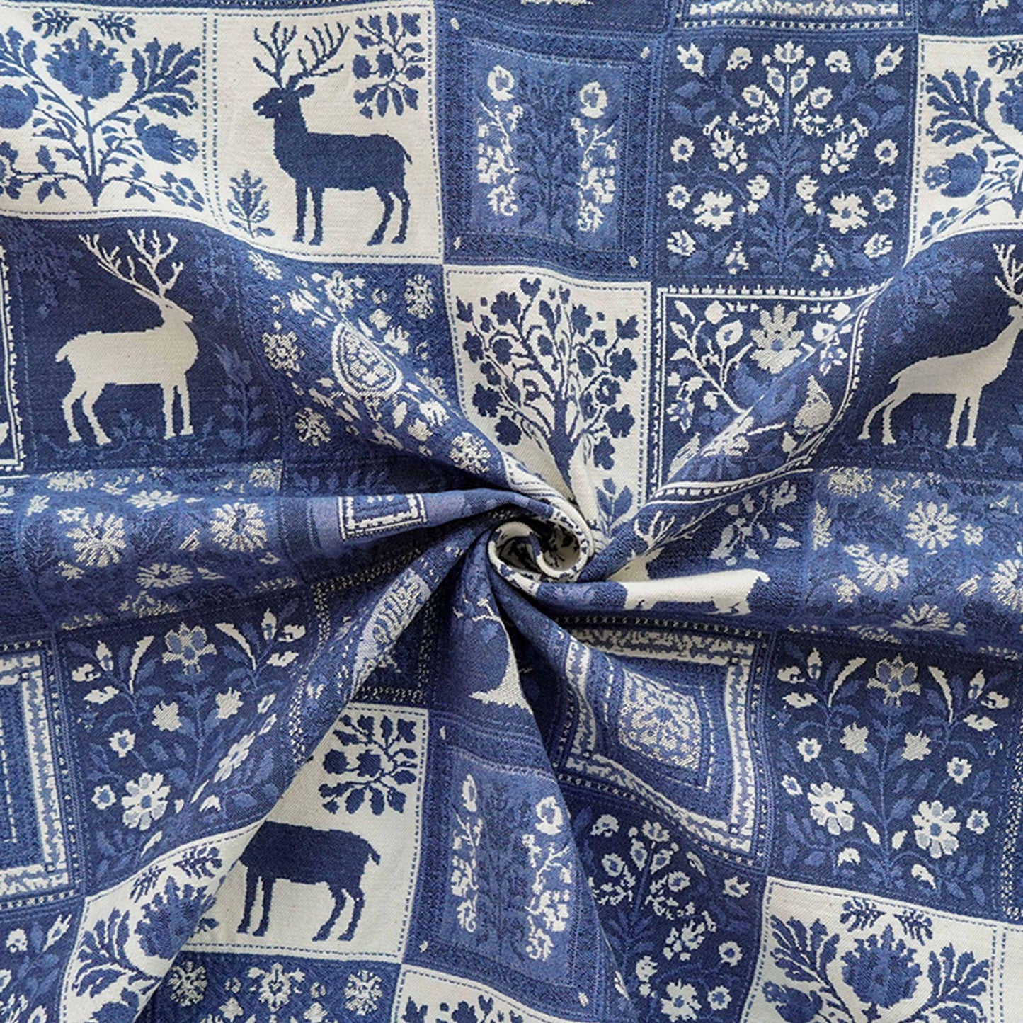 Blue White Medieval Tapestry Jacquard Fabric, Woven Animal & Tree of Life Design, William Morris Style Upholstery Fabric by the Yard