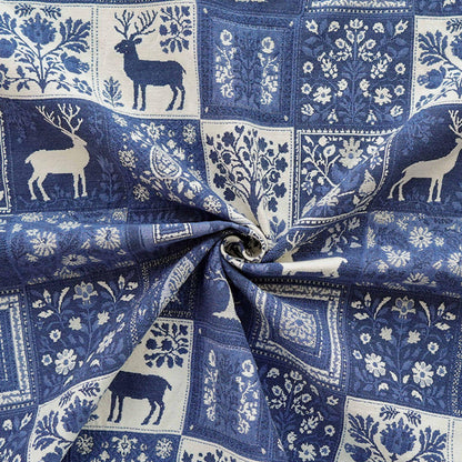 Blue White Medieval Tapestry Jacquard Fabric, Woven Animal & Tree of Life Design, William Morris Style Upholstery Fabric by the Yard