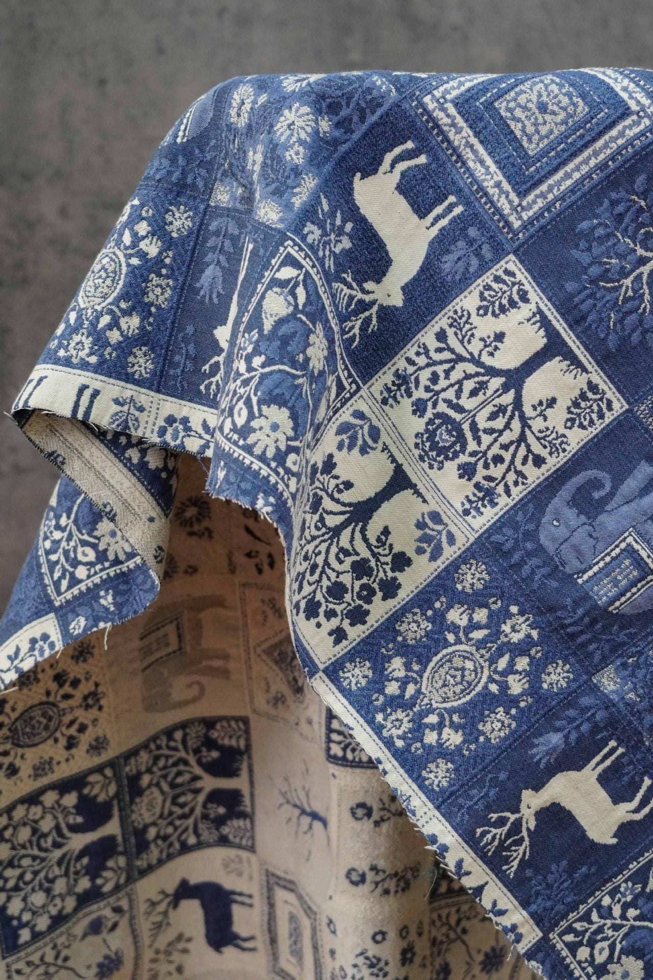 Blue White Medieval Tapestry Jacquard Fabric, Woven Animal & Tree of Life Design, William Morris Style Upholstery Fabric by the Yard