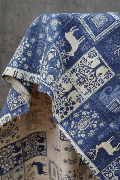 Blue White Medieval Tapestry Jacquard Fabric, Woven Animal & Tree of Life Design, William Morris Style Upholstery Fabric by the Yard