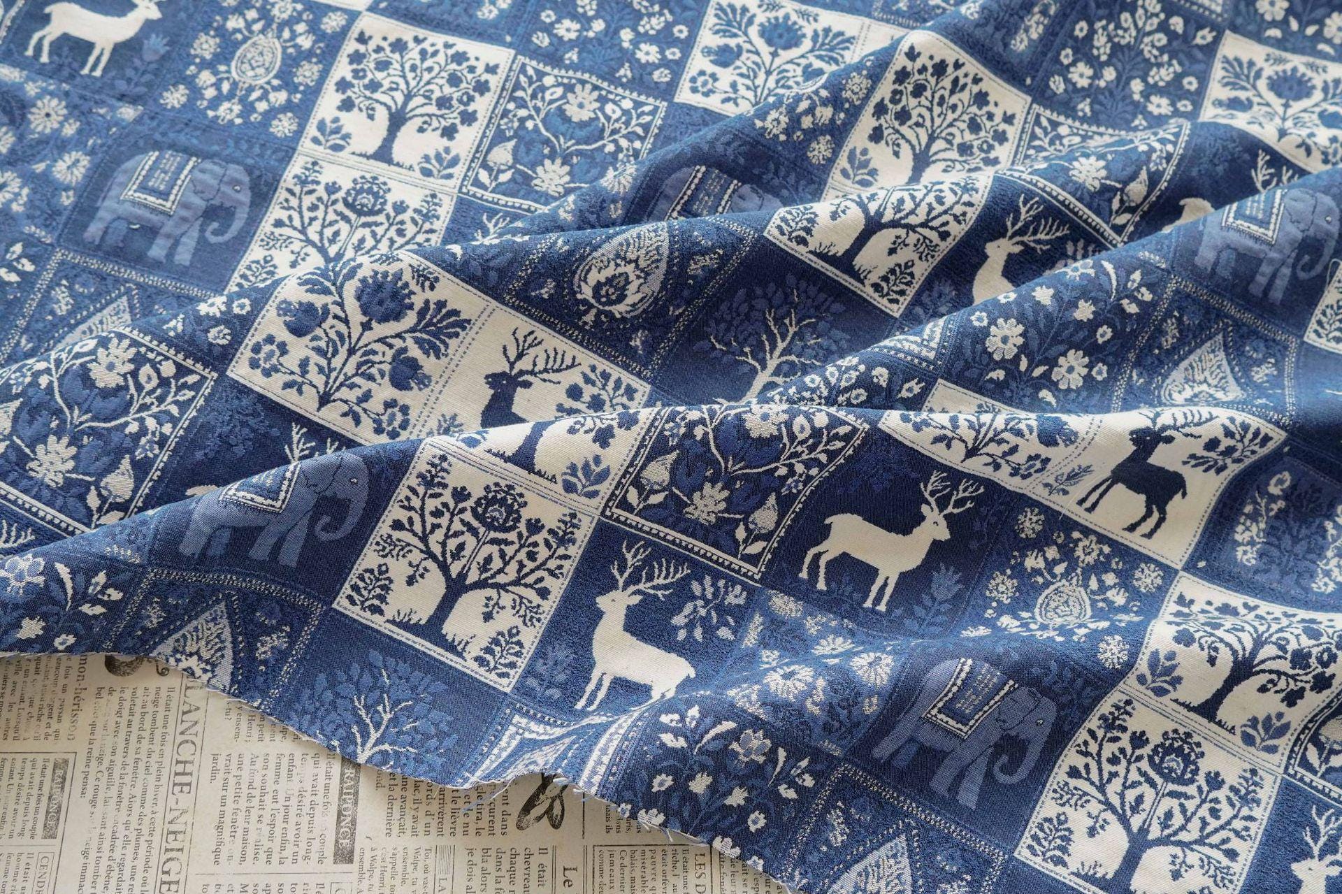 Blue White Medieval Tapestry Jacquard Fabric, Woven Animal & Tree of Life Design, William Morris Style Upholstery Fabric by the Yard