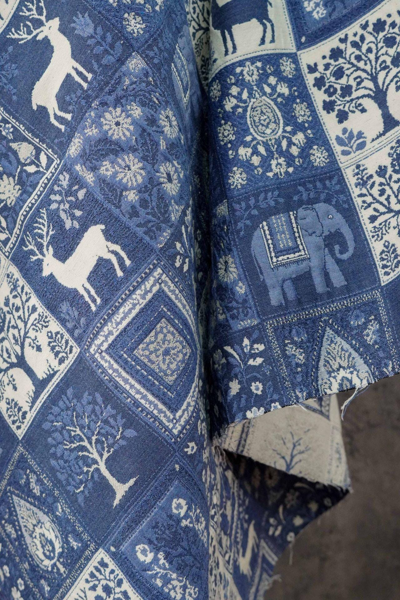Blue White Medieval Tapestry Jacquard Fabric, Woven Animal & Tree of Life Design, William Morris Style Upholstery Fabric by the Yard