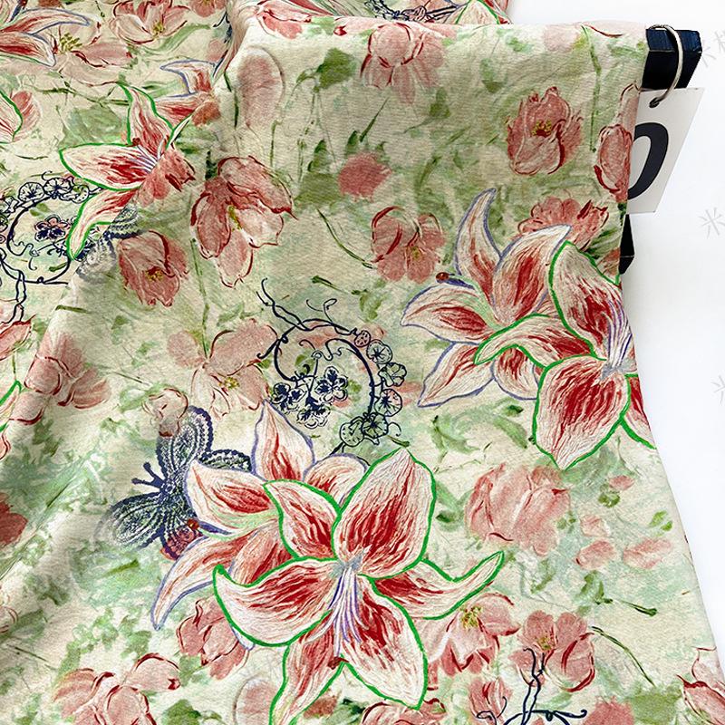 Lily Floral Cotton Fabric, Watercolor Lily Butterfly Print, Digital Botanical Cotton Fabric by the Yard for Sewing, Quilting, Home Decor