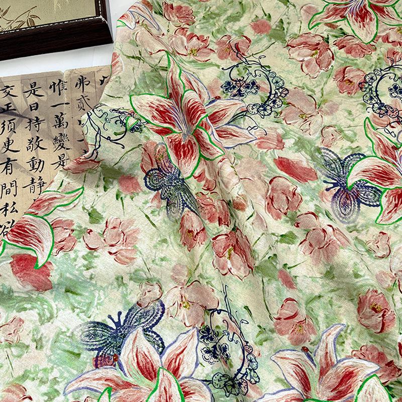 Lily Floral Cotton Fabric, Watercolor Lily Butterfly Print, Digital Botanical Cotton Fabric by the Yard for Sewing, Quilting, Home Decor