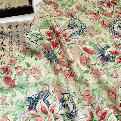 Lily Floral Cotton Fabric, Watercolor Lily Butterfly Print, Digital Botanical Cotton Fabric by the Yard for Sewing, Quilting, Home Decor
