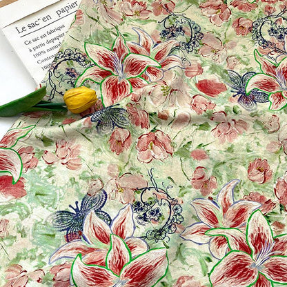 Lily Floral Cotton Fabric, Watercolor Lily Butterfly Print, Digital Botanical Cotton Fabric by the Yard for Sewing, Quilting, Home Decor