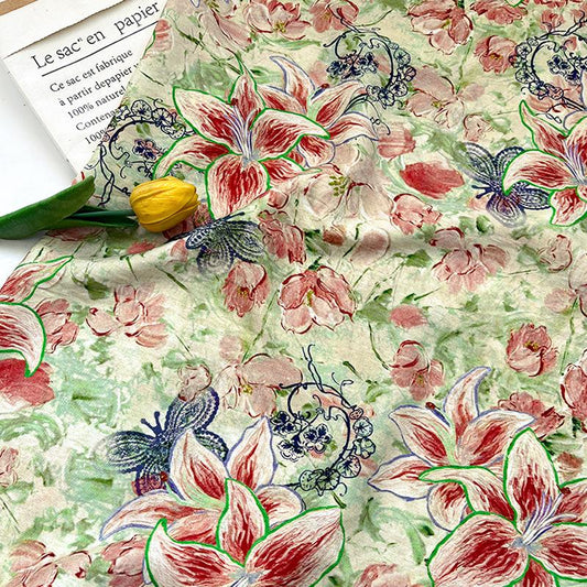 Lily Floral Cotton Fabric, Watercolor Lily Butterfly Print, Digital Botanical Cotton Fabric by the Yard for Sewing, Quilting, Home Decor
