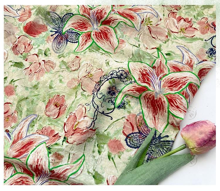Lily Floral Cotton Fabric, Watercolor Lily Butterfly Print, Digital Botanical Cotton Fabric by the Yard for Sewing, Quilting, Home Decor