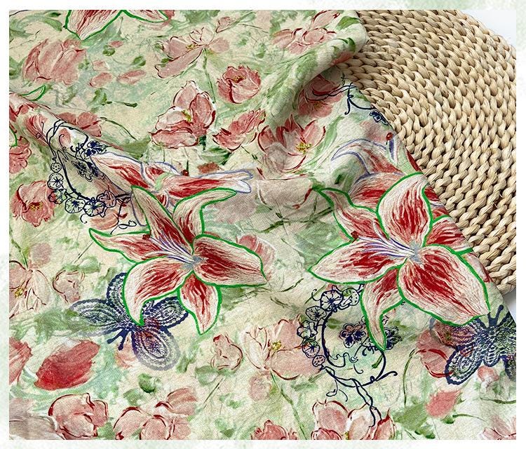 Lily Floral Cotton Fabric, Watercolor Lily Butterfly Print, Digital Botanical Cotton Fabric by the Yard for Sewing, Quilting, Home Decor
