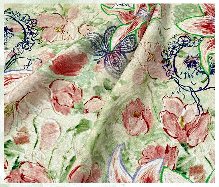Lily Floral Cotton Fabric, Watercolor Lily Butterfly Print, Digital Botanical Cotton Fabric by the Yard for Sewing, Quilting, Home Decor