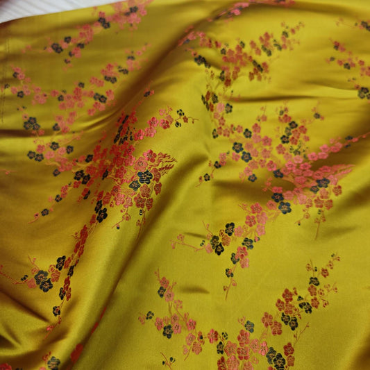 Gold Plum Blossom Brocade Satin Fabric, Chinese Silk Fabric for Cheongsam Qipao, Vests, Sachets, DIY Sewing by the Yard