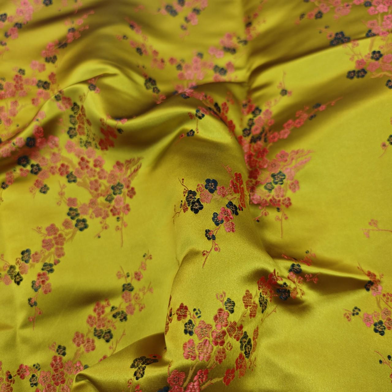 Gold Plum Blossom Brocade Satin Fabric, Chinese Silk Fabric for Cheongsam Qipao, Vests, Sachets, DIY Sewing by the Yard