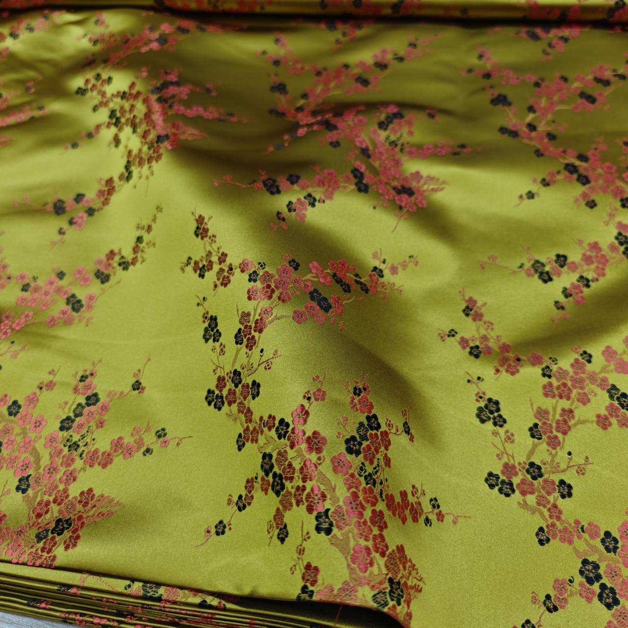 Gold Plum Blossom Brocade Satin Fabric, Chinese Silk Fabric for Cheongsam Qipao, Vests, Sachets, DIY Sewing by the Yard