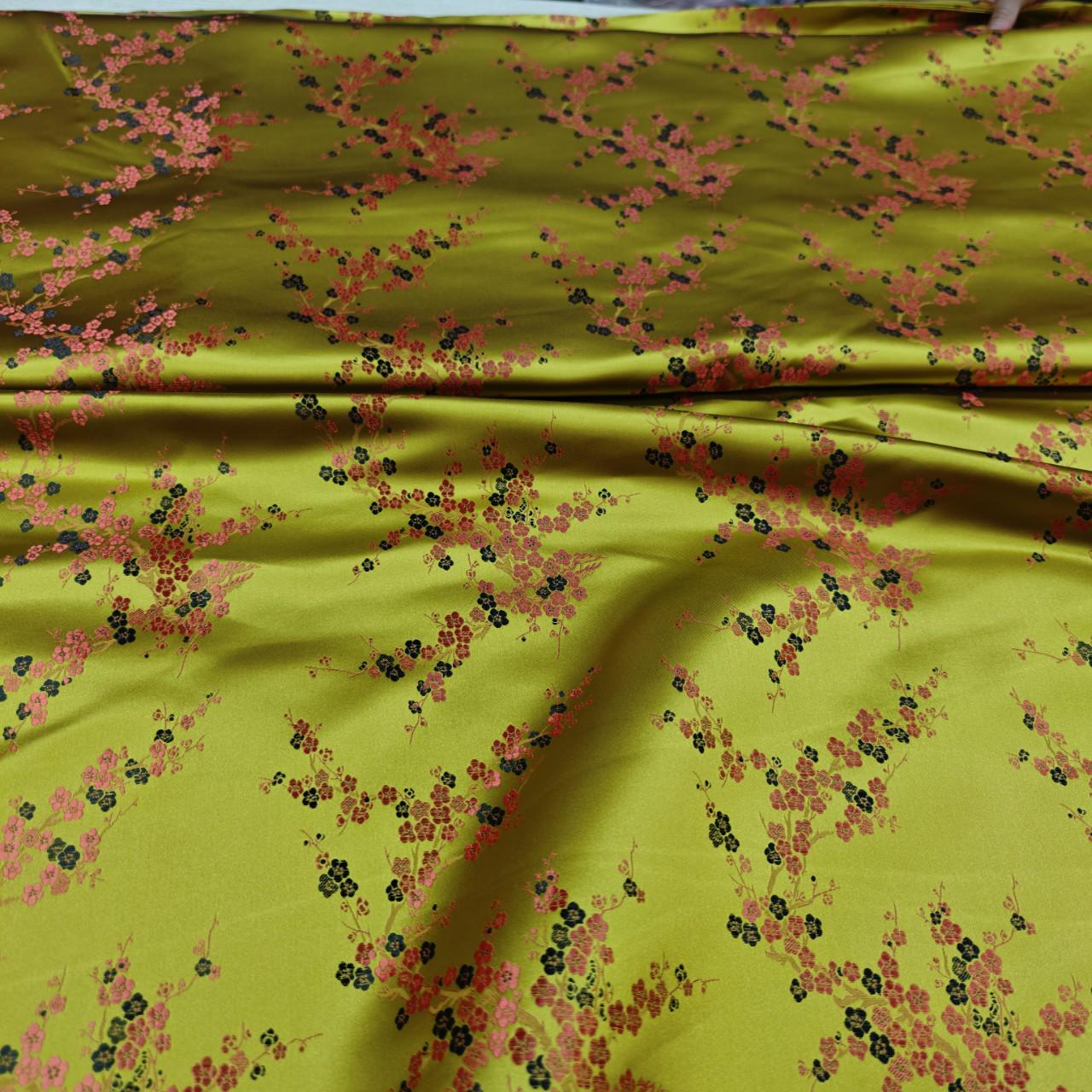 Gold Plum Blossom Brocade Satin Fabric, Chinese Silk Fabric for Cheongsam Qipao, Vests, Sachets, DIY Sewing by the Yard