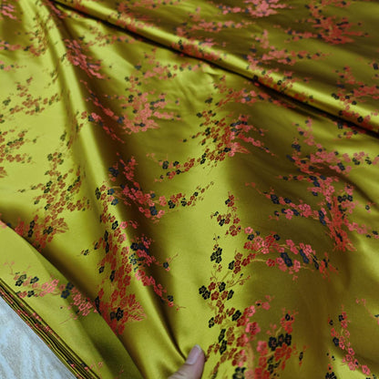 Gold Plum Blossom Brocade Satin Fabric, Chinese Silk Fabric for Cheongsam Qipao, Vests, Sachets, DIY Sewing by the Yard
