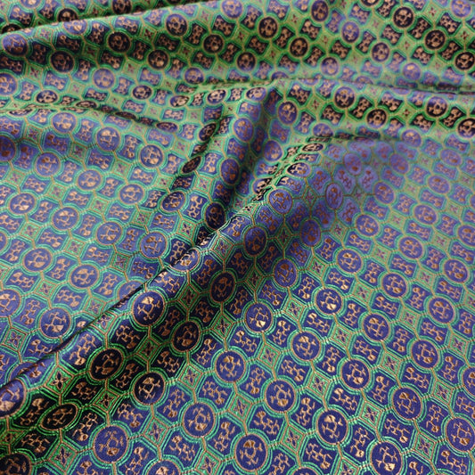 Navy Green Gold Chinese Medallion Brocade Fabric, Traditional Jacquard Satin for Cheongsam, Home Decor, Sewing Crafts by the Yard