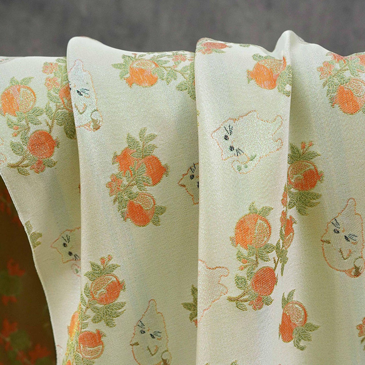 Pomegranate Cat Jacquard Fabric | Gold Thread Botanical Animal Woven Textile | Cute Cotton Dress Fabric By Yard, 59" Wide