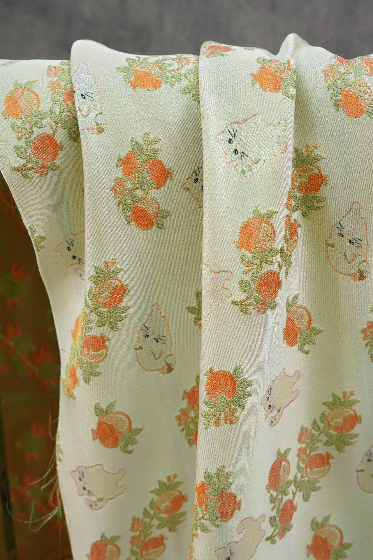 Pomegranate Cat Jacquard Fabric | Gold Thread Botanical Animal Woven Textile | Cute Cotton Dress Fabric By Yard, 59" Wide
