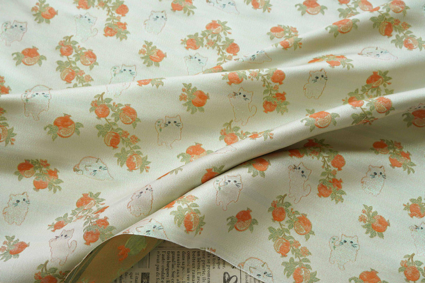 Pomegranate Cat Jacquard Fabric | Gold Thread Botanical Animal Woven Textile | Cute Cotton Dress Fabric By Yard, 59" Wide