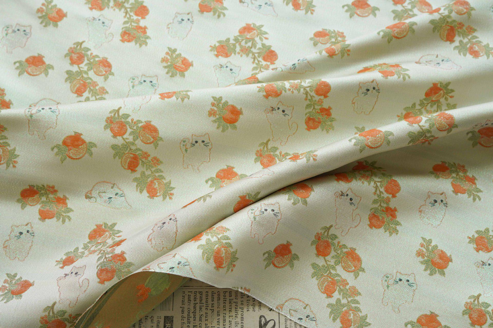 Pomegranate Cat Jacquard Fabric | Gold Thread Botanical Animal Woven Textile | Cute Cotton Dress Fabric By Yard, 59" Wide